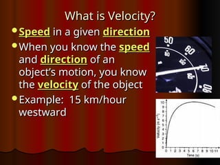 What is Velocity?
What is Velocity?
Speed
Speed in a given
in a given direction
direction
When you know the
When you know the speed
speed
and
and direction
direction of an
of an
object’s motion, you know
object’s motion, you know
the
the velocity
velocity of the object
of the object
Example: 15 km/hour
Example: 15 km/hour
westward
westward
 