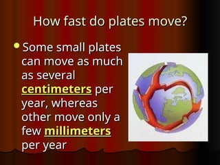 How fast do plates move?
How fast do plates move?
Some small plates
Some small plates
can move as much
can move as much
as several
as several
centimeters
centimeters per
per
year, whereas
year, whereas
other move only a
other move only a
few
few millimeters
millimeters
per year
per year
 
