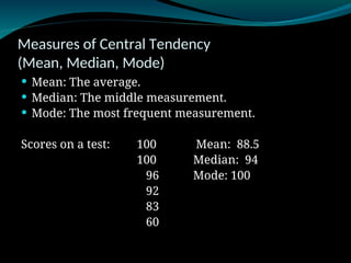 Measures of Central Tendency
(Mean, Median, Mode)
 Mean: The average.
 Median: The middle measurement.
 Mode: The most frequent measurement.
Scores on a test: 100 Mean: 88.5
100 Median: 94
96 Mode: 100
92
83
60
 