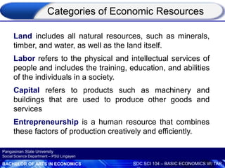 BACHELOR OF ARTS IN ECONOMICS SOC SCI 104 – BASIC ECONOMICS W/ TAR
Pangasinan State University
Social Science Department – PSU Lingayen
Land includes all natural resources, such as minerals,
timber, and water, as well as the land itself.
Labor refers to the physical and intellectual services of
people and includes the training, education, and abilities
of the individuals in a society.
Capital refers to products such as machinery and
buildings that are used to produce other goods and
services
Entrepreneurship is a human resource that combines
these factors of production creatively and efficiently.
Categories of Economic Resources
 