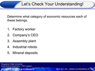 BACHELOR OF ARTS IN ECONOMICS SOC SCI 104 – BASIC ECONOMICS W/ TAR
Pangasinan State University
Social Science Department – PSU Lingayen
Determine what category of economic resources each of
these belongs.
1. Factory worker
2. Company’s CEO
3. Assembly plant
4. Industrial robots
5. Mineral deposits
Let’s Check Your Understanding!
 