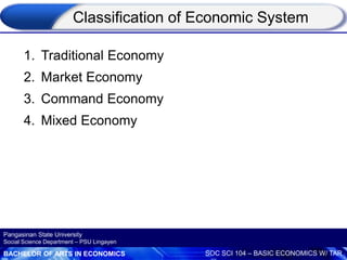 BACHELOR OF ARTS IN ECONOMICS SOC SCI 104 – BASIC ECONOMICS W/ TAR
Pangasinan State University
Social Science Department – PSU Lingayen
1. Traditional Economy
2. Market Economy
3. Command Economy
4. Mixed Economy
Classification of Economic System
 