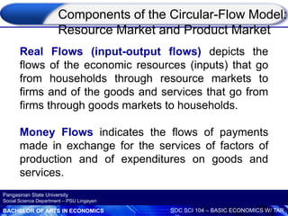 BACHELOR OF ARTS IN ECONOMICS SOC SCI 104 – BASIC ECONOMICS W/ TAR
Pangasinan State University
Social Science Department – PSU Lingayen
Real Flows (input-output flows) depicts the
flows of the economic resources (inputs) that go
from households through resource markets to
firms and of the goods and services that go from
firms through goods markets to households.
Money Flows indicates the flows of payments
made in exchange for the services of factors of
production and of expenditures on goods and
services.
Components of the Circular-Flow Model:
Resource Market and Product Market
 