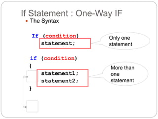 If Statement : One-Way IF 
 The Syntax 
If (condition) 
statement; 
if (condition) 
{ 
statement1; 
statement2; 
} 
Only one 
statement 
More than 
one 
statement 
 