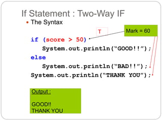 If Statement : Two-Way IF 
 The Syntax 
if (score > 50) 
T Mark = 60 
System.out.println(“GOOD!!”); 
else 
System.out.println(“BAD!!”); 
System.out.println(“THANK YOU”); 
Output : 
GOOD!! 
THANK YOU 
 
