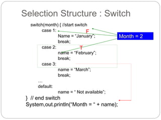 Selection Structure : Switch 
switch(month) { //start switch 
case 1: 
Name = “January”; 
break; 
case 2: 
name = “February”; 
break; 
case 3: 
name = “March”; 
break; 
… 
default: 
name = “ Not available”; 
} // end switch 
System,out.println(“Month = “ + name); 
Month = 2 
F 
T 
 