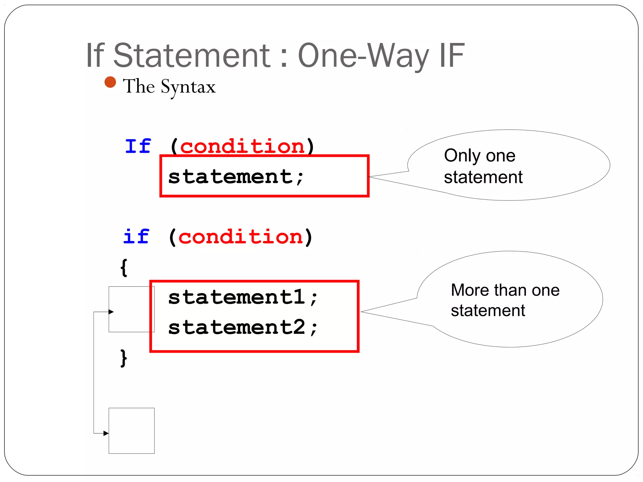 If Statement : One-Way IF 
The Syntax 
If (condition) 
statement; 
if (condition) 
{ 
statement1; 
statement2; 
} 
Only one 
statement 
More than one 
statement 
 