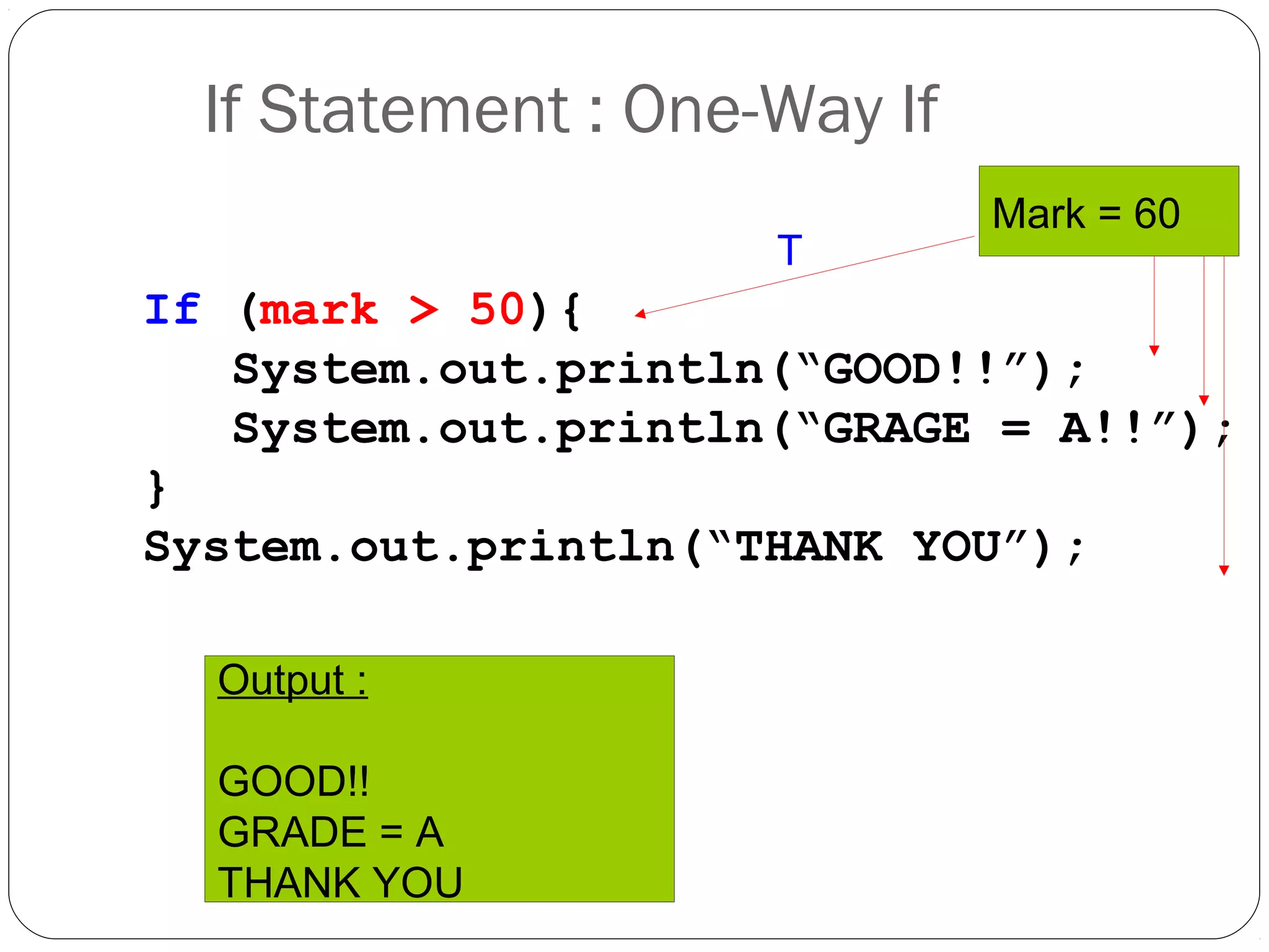 If Statement : One-Way If 
If (mark > 50){ 
Mark = 60 
T 
System.out.println(“GOOD!!”); 
System.out.println(“GRAGE = A!!”); 
} 
System.out.println(“THANK YOU”); 
Output : 
GOOD!! 
GRADE = A 
THANK YOU 
 