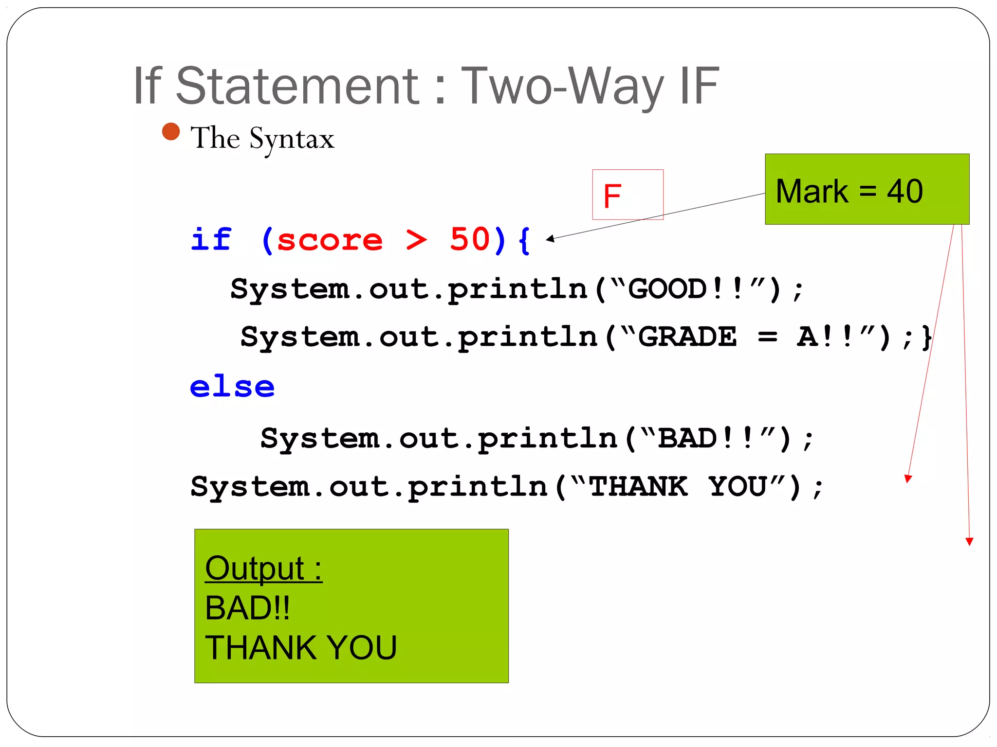 If Statement : Two-Way IF 
The Syntax 
if (score > 50){ 
F Mark = 40 
System.out.println(“GOOD!!”); 
System.out.println(“GRADE = A!!”);} 
else 
System.out.println(“BAD!!”); 
System.out.println(“THANK YOU”); 
Output : 
BAD!! 
THANK YOU 
 
