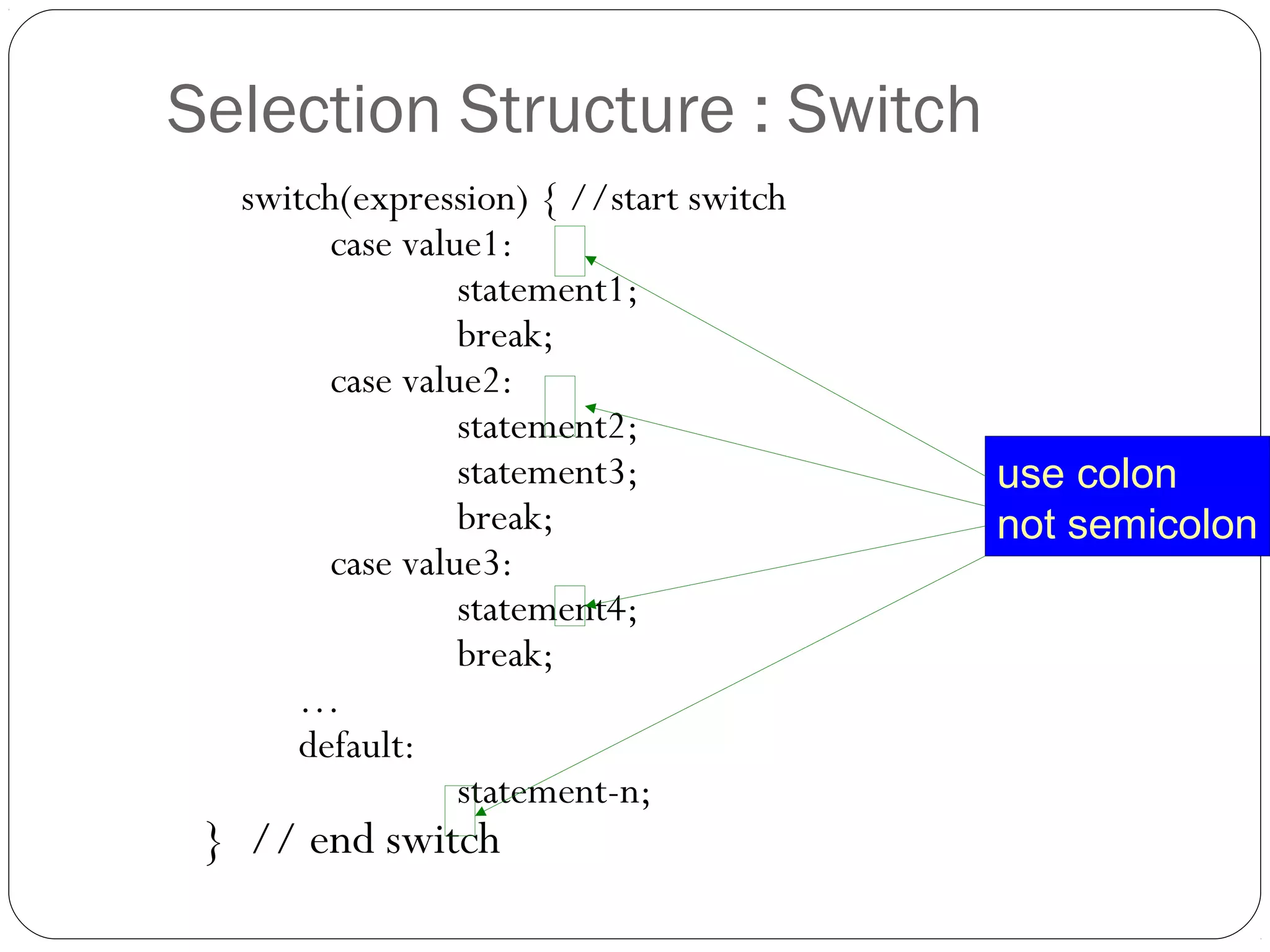 Selection Structure : Switch 
switch(expression) { //start switch 
case value1: 
statement1; 
break; 
case value2: 
statement2; 
statement3; 
break; 
case value3: 
statement4; 
break; 
… 
default: 
statement-n; 
} // end switch 
use colon 
not semicolon 
 