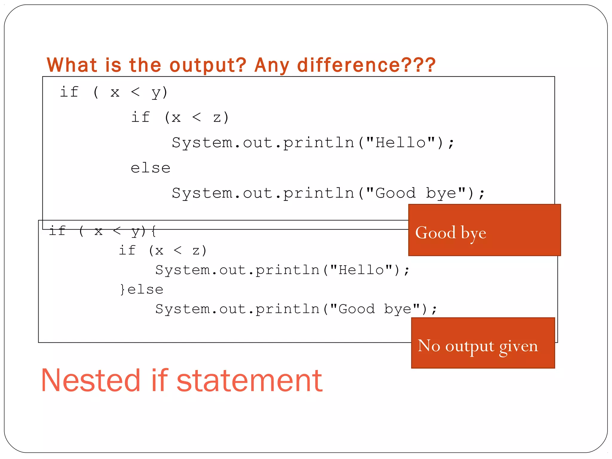 What is the output? Any difference??? 
if ( x < y) 
if (x < z) 
System.out.println("Hello"); 
else 
System.out.println("Good bye"); 
if ( x < y){ 
if (x < z) 
System.out.println("Hello"); 
}else 
Good bye 
System.out.println("Good bye"); 
Nested if statement 
No output given 
 
