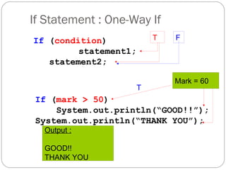 If Statement : One-Way If 
If (condition) 
statement1; 
statement2; 
T F 
If (mark > 50) 
Mark = 60 
T 
System.out.println(“GOOD!!”); 
System.out.println(“THANK YOU”); 
Output : 
GOOD!! 
THANK YOU 
 