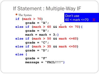 If Statement : Multiple-Way IF 
The Syntax 
if (mark > 70) 
grade = “A”; 
else if (mark > 60 && mark <= 70){ 
grade = “B”; 
mark = mark + 3;} 
else if (mark > 50 && mark <=60) 
grade = “C”; 
else if (mark > 35 && mark <=50) 
grade = “D”; 
else { 
grade = “F” 
message = “FAIL!!!”} 
Don’t use 
60 < mark <=70 x 
 