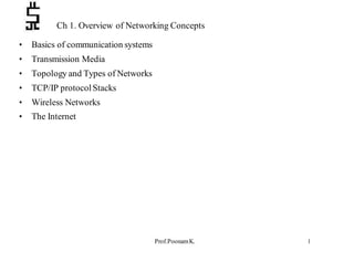 Prof.PoonamK. 1
Ch 1. Overview of Networking Concepts
• Basics of communication systems
• Transmission Media
• Topology and Types of Networks
• TCP/IP protocolStacks
• Wireless Networks
• The Internet
 
