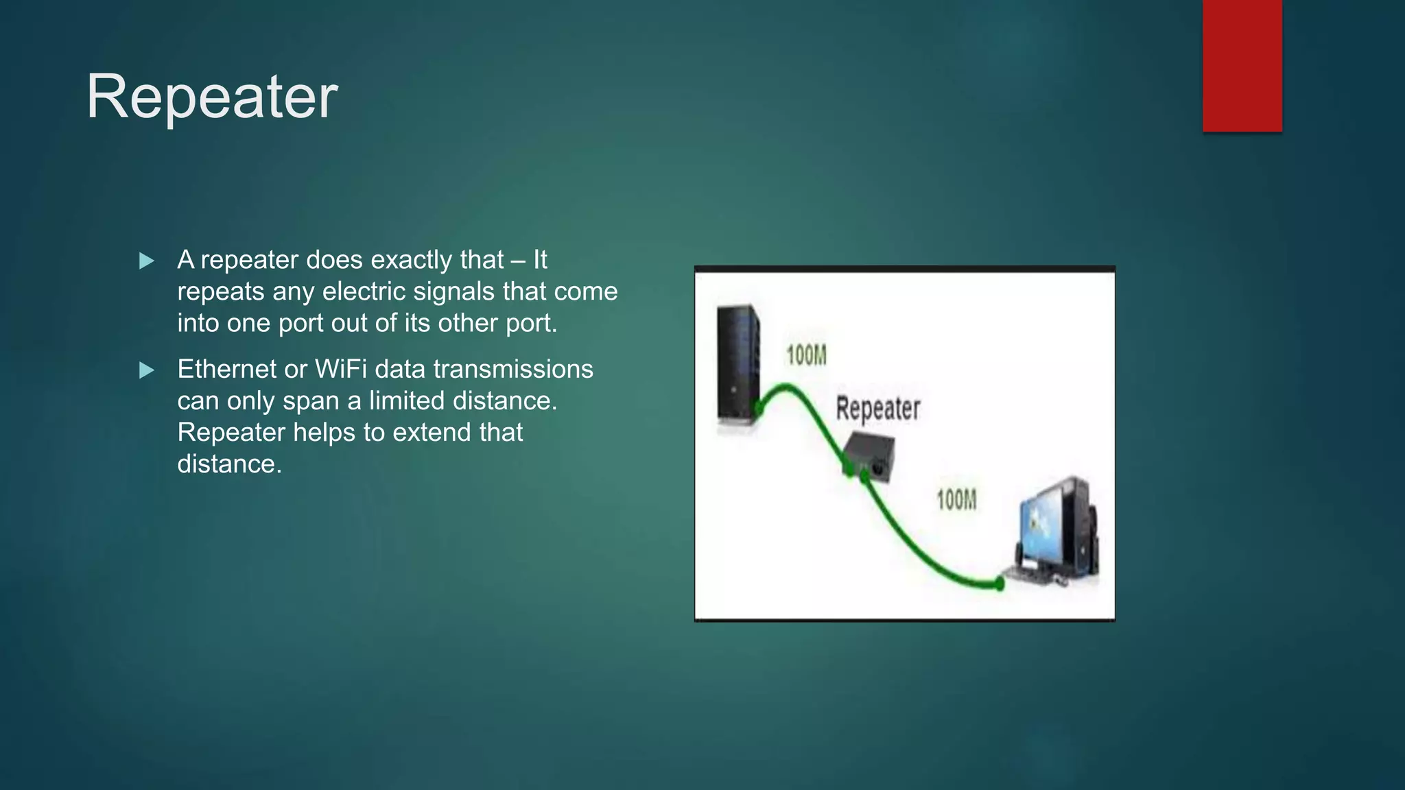 Repeater
 A repeater does exactly that – It
repeats any electric signals that come
into one port out of its other port.
 Ethernet or WiFi data transmissions
can only span a limited distance.
Repeater helps to extend that
distance.
 