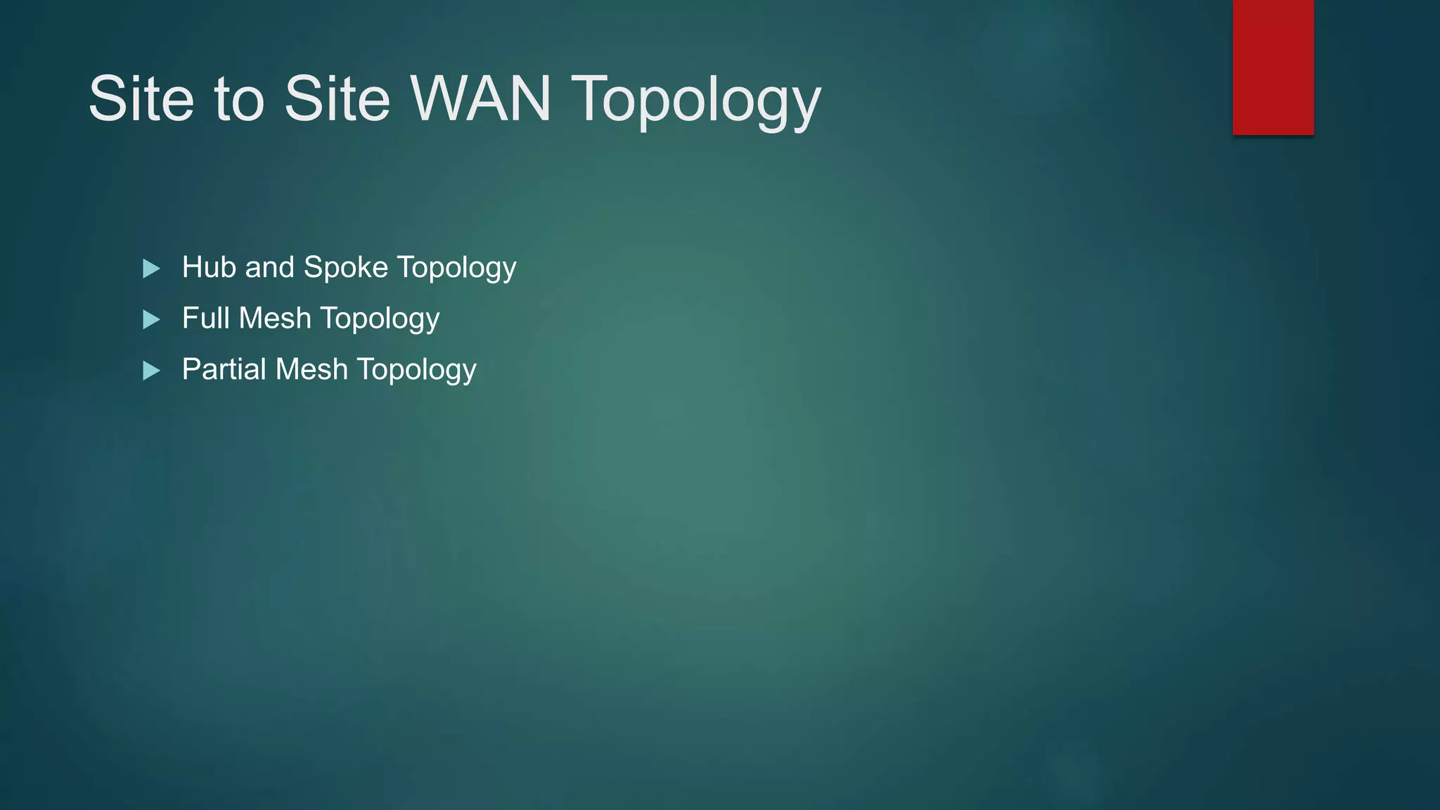 Site to Site WAN Topology
 Hub and Spoke Topology
 Full Mesh Topology
 Partial Mesh Topology
 