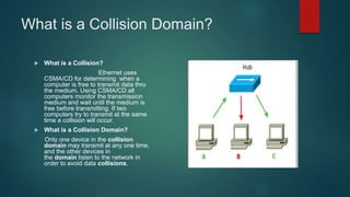 What is a Collision Domain?
 What is a Collision?
Ethernet uses
CSMA/CD for determining when a
computer is free to transmit data thru
the medium. Using CSMA/CD all
computers monitor the transmission
medium and wait until the medium is
free before transmitting. If two
computers try to transmit at the same
time a collision will occur.
 What is a Collision Domain?
Only one device in the collision
domain may transmit at any one time,
and the other devices in
the domain listen to the network in
order to avoid data collisions.
 