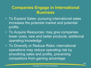 1-6
1
Companies Engage in International
Business
• To Expand Sales: pursuing international sales
increases the potential market and potential
profits
• To Acquire Resources: may give companies
lower costs, new and better products, additional
operating knowledge
• To Diversify or Reduce Risks: international
operations may reduce operating risk by
smoothing sales and profits, preventing
competitors from gaining advantage
Copyright © 2011 Pearson Education
 