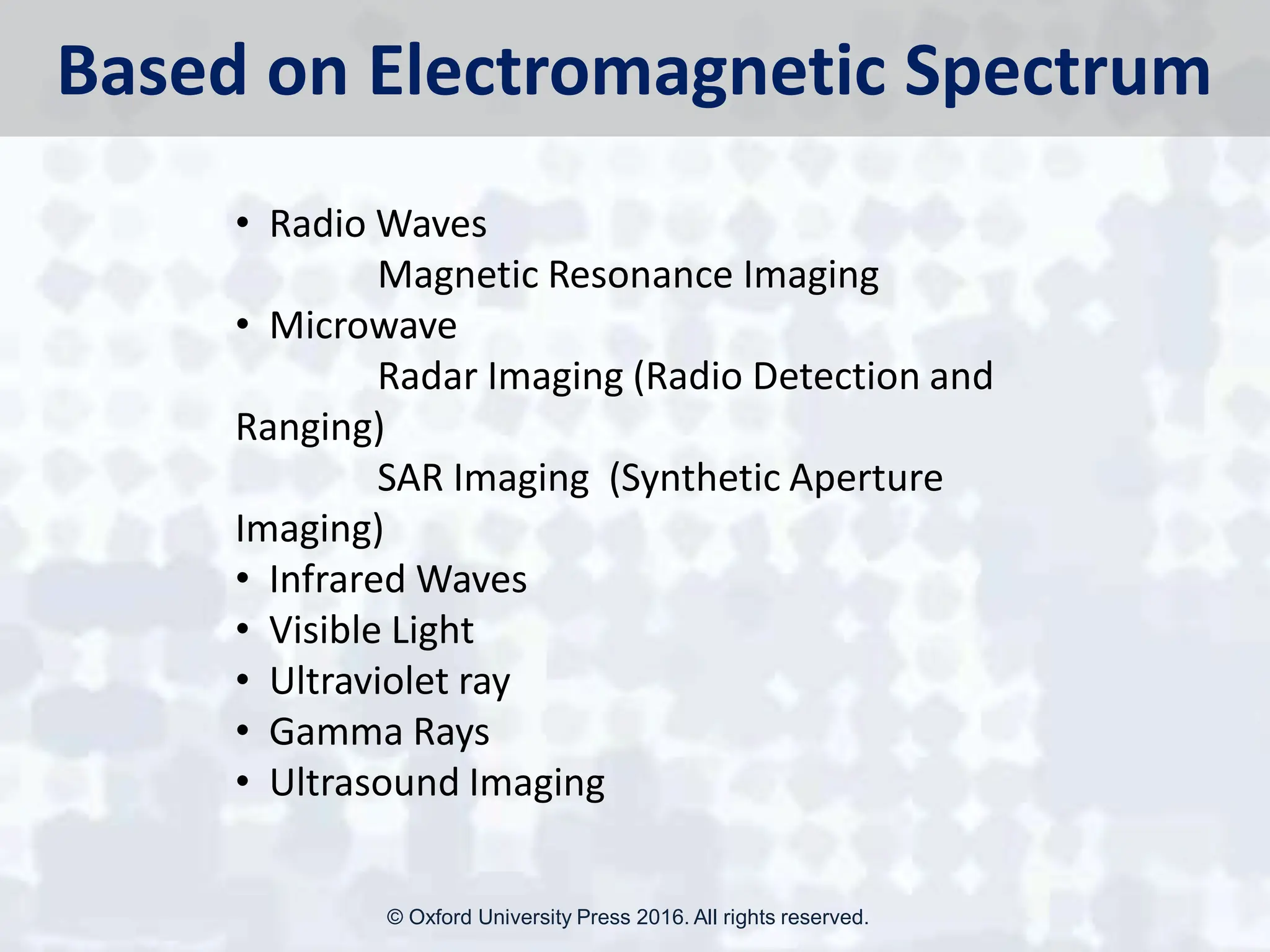 Based on Electromagnetic Spectrum
• Radio Waves
Magnetic Resonance Imaging
• Microwave
Radar Imaging (Radio Detection and
Ranging)
SAR Imaging (Synthetic Aperture
Imaging)
• Infrared Waves
• Visible Light
• Ultraviolet ray
• Gamma Rays
• Ultrasound Imaging
© Oxford University Press 2016. All rights reserved.
 