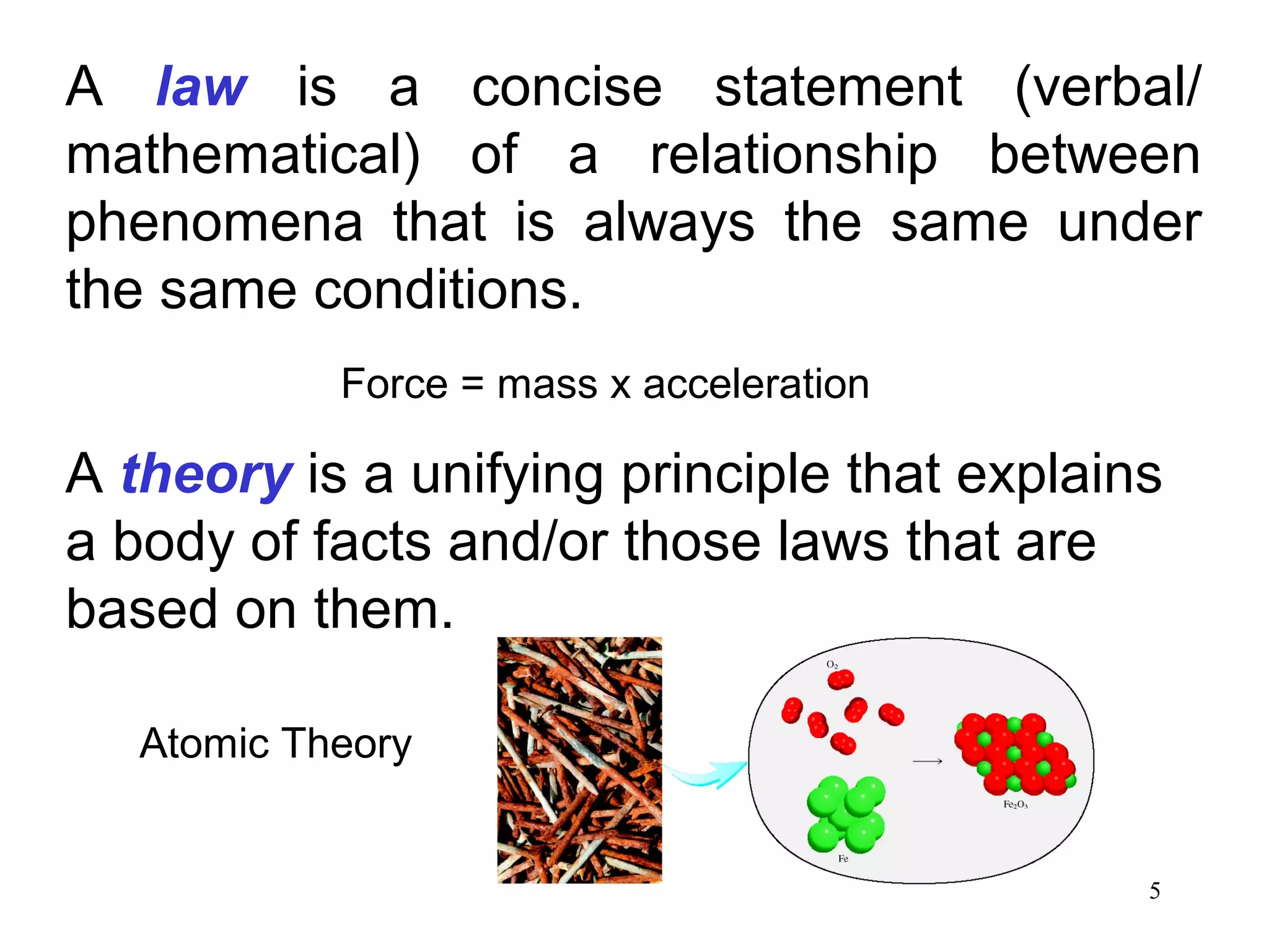 5
A theory is a unifying principle that explains
a body of facts and/or those laws that are
based on them.
A law is a concise statement (verbal/
mathematical) of a relationship between
phenomena that is always the same under
the same conditions.
Atomic Theory
Force = mass x acceleration
 