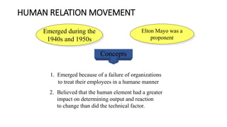 HUMAN RELATION MOVEMENT
Emerged during the
1940s and 1950s
Elton Mayo was a
proponent
Concepts
1. Emerged because of a failure of organizations
to treat their employees in a humane manner
2. Believed that the human element had a greater
impact on determining output and reaction
to change than did the technical factor.
 