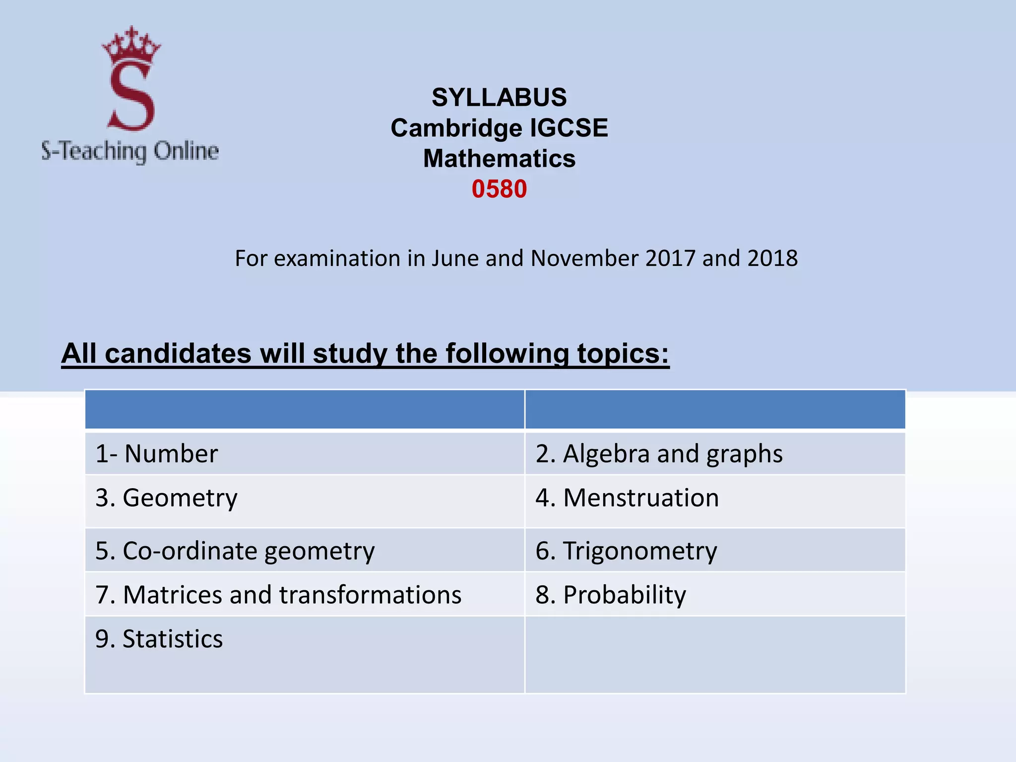 SYLLABUS
Cambridge IGCSE
Mathematics
0580
For examination in June and November 2017 and 2018
1- Number 2. Algebra and graphs
3. Geometry 4. Menstruation
5. Co-ordinate geometry 6. Trigonometry
7. Matrices and transformations 8. Probability
9. Statistics
All candidates will study the following topics:
 