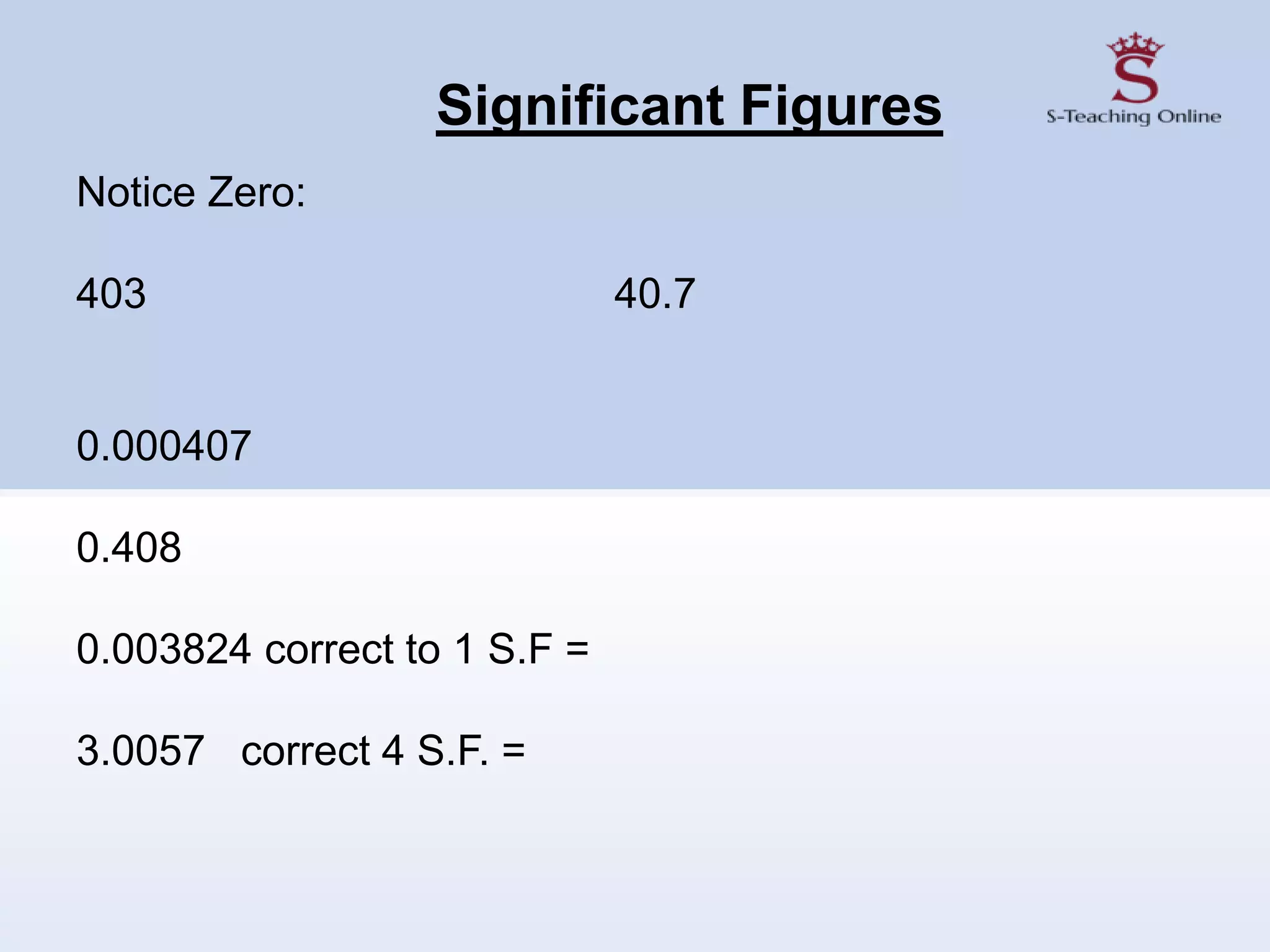 Significant Figures
Notice Zero:
403 40.7
0.000407
0.408
0.003824 correct to 1 S.F =
3.0057 correct 4 S.F. =
 