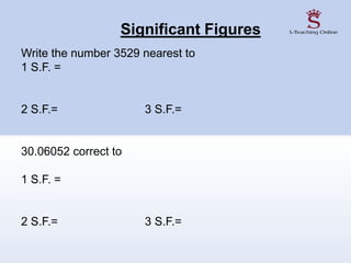 Significant Figures
Write the number 3529 nearest to
1 S.F. =
2 S.F.= 3 S.F.=
30.06052 correct to
1 S.F. =
2 S.F.= 3 S.F.=
 