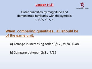 Lesson (1.6)
Order quantities by magnitude and
demonstrate familiarity with the symbols
=, ≠, ≥, ≤, >, <.
When comparing quantities , all should be
of the same unit.
a) Arrange in increasing order 8/17 , √1/4 , 0.48
b)Compare between 2/3 , 7/12
 