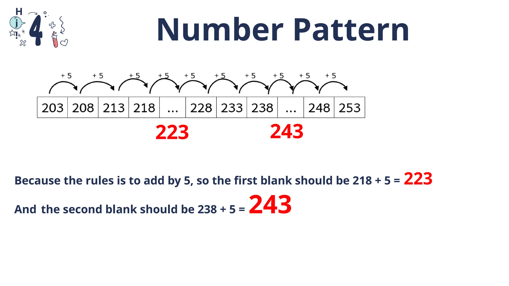 Number Pattern
H
i
!
Because the rules is to add by 5, so the first blank should be 218 + 5 = 223
And the second blank should be 238 + 5 = 243
223 243
 
