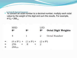  To convert an octal number to a decimal number, multiply each octal
value by the weight of the digit and sum the results. For example,
4128 = 26610.
3.1 Octal  Decimal Conversion
 