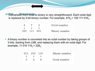  Conversion from octal to binary is very straightforward. Each octal digit
is replaced by 3-bit binary number. For example, 4728 = 100 111 0102.
 A binary number is converted into an octal number by taking groups of
3 bits, starting from LSB, and replacing them with an octal digit. For
example, 11 010 1102 = 3268
.
3.3 Octal Binary Conversion
 