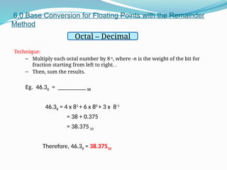 6.0 Base Conversion for Floating Points with the Remainder
Method
Octal – Decimal
Technique:
– Multiply each octal number by 8-n
, where -n is the weight of the bit for
fraction starting from left to right. .
– Then, sum the results.
Eg. 46.38 = _________10
46.38 = 4 x 81
+ 6 x 80
+ 3 x 8-1
= 38 + 0.375
= 38.37510
Therefore, 46.38 = 38.37510
 