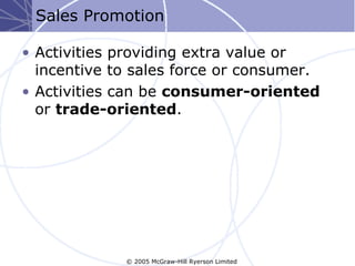 Sales Promotion

• Activities providing extra value or
  incentive to sales force or consumer.
• Activities can be consumer-oriented
  or trade-oriented.




             © 2005 McGraw-Hill Ryerson Limited
 