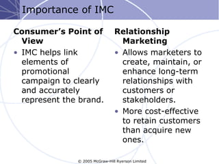 Importance of IMC

Consumer’s Point of              Relationship
  View                             Marketing
• IMC helps ...