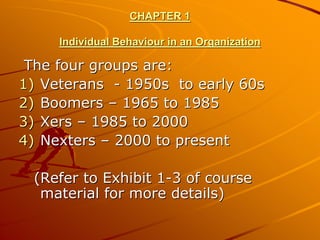 CHAPTER 1

     Individual Behaviour in an Organization

 The four groups are:
1) Veterans - 1950s to early 60s
2) Boomers – 1965 to 1985
3) Xers – 1985 to 2000
4) Nexters – 2000 to present

 (Refer to Exhibit 1-3 of course
  material for more details)
 