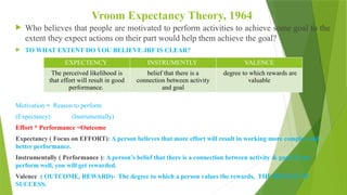 Vroom Expectancy Theory, 1964
 Who believes that people are motivated to perform activities to achieve some goal to the
extent they expect actions on their part would help them achieve the goal?
 TO WHAT EXTENT DO YOU BELIEVE JRF IS CLEAR?
Motivation = Reason to perform
(Expectancy) (Instrumentally)
Effort * Performance =Outcome
Expectancy ( Focus on EFFORT): A person believes that more effort will result in working more complex and
better performance.
Instrumentally ( Performance ): A person’s belief that there is a connection between activity & goal. If you
perform well, you will get rewarded.
Valence ( OUTCOME, REWARD)- The degree to which a person values the rewards, THE RESULT OF
SUCCESS.
EXPECTENCY INSTRUMENTLY VALENCE
The perceived likelihood is
that effort will result in good
performance.
belief that there is a
connection between activity
and goal
degree to which rewards are
valuable
 