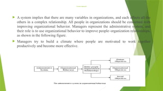 Systems Approach
 A system implies that there are many variables in organizations, and each affects all the
others in a complex relationship. All people in organizations should be concerned with
improving organizational behavior. Managers represent the administrative system, and
their role is to use organizational behavior to improve people–organization relationships,
as shown in the following figure.
 Managers try to build a climate where people are motivated to work together
productively and become more effective.
 