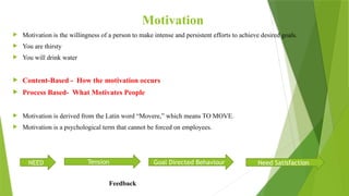 Motivation
 Motivation is the willingness of a person to make intense and persistent efforts to achieve desired goals.
 You are thirsty
 You will drink water
 Content-Based - How the motivation occurs
 Process Based- What Motivates People
 Motivation is derived from the Latin word “Movere,” which means TO MOVE.
 Motivation is a psychological term that cannot be forced on employees.
Feedback
NEED Tension Goal Directed Behaviour Need Satisfaction
 