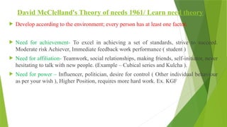 David McClelland's Theory of needs 1961/ Learn need theory
 Develop according to the environment; every person has at least one factor.
 Need for achievement- To excel in achieving a set of standards, strive to succeed.
Moderate risk Achiever, Immediate feedback work performance ( student )
 Need for affiliation- Teamwork, social relationships, making friends, self-initiator, never
hesitating to talk with new people. (Example – Cubical series and Kulcha ).
 Need for power – Influencer, politician, desire for control ( Other individual behaviour
as per your wish ), Higher Position, requires more hard work. Ex. KGF
 
