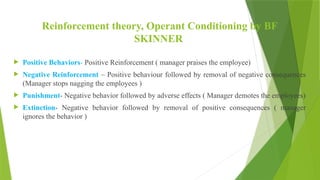 Reinforcement theory, Operant Conditioning by BF
SKINNER
 Positive Behaviors- Positive Reinforcement ( manager praises the employee)
 Negative Reinforcement – Positive behaviour followed by removal of negative consequences
(Manager stops nagging the employees )
 Punishment- Negative behavior followed by adverse effects ( Manager demotes the employees)
 Extinction- Negative behavior followed by removal of positive consequences ( manager
ignores the behavior )
 