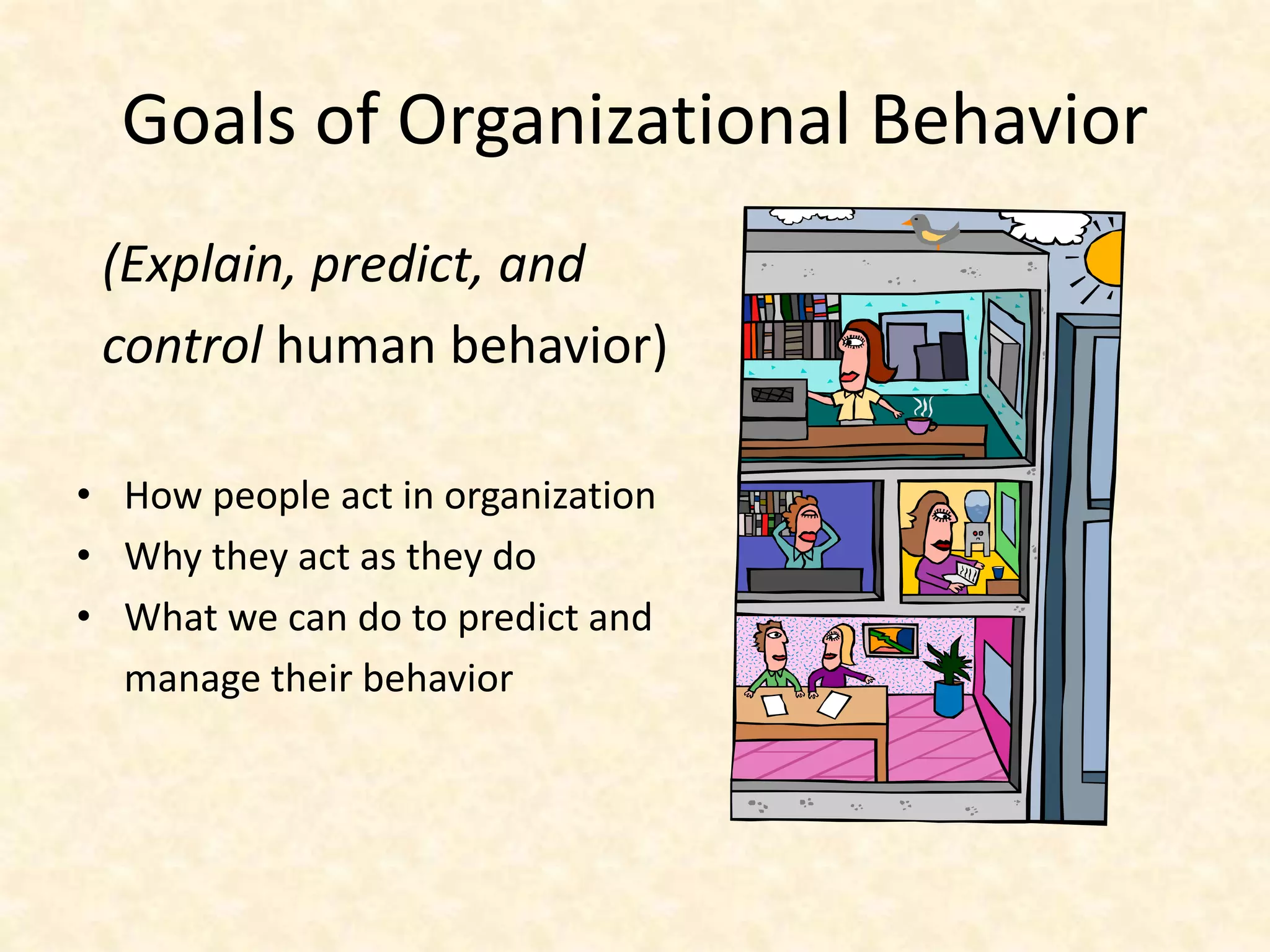 Goals of Organizational Behavior
(Explain, predict, and
control human behavior)
• How people act in organization
• Why they act as they do
• What we can do to predict and
manage their behavior
 