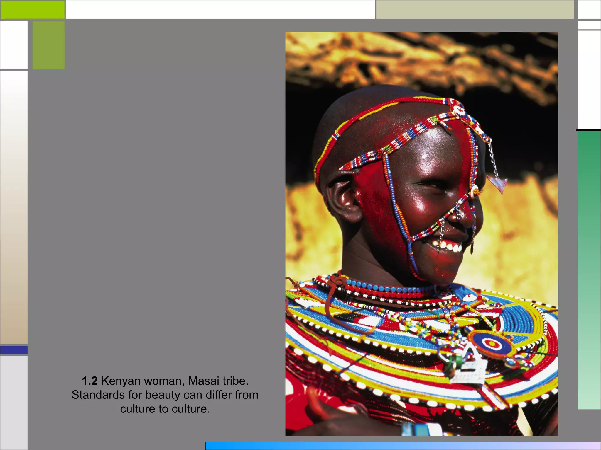 1.2 Kenyan woman, Masai tribe.
Standards for beauty can differ from
         culture to culture.
 