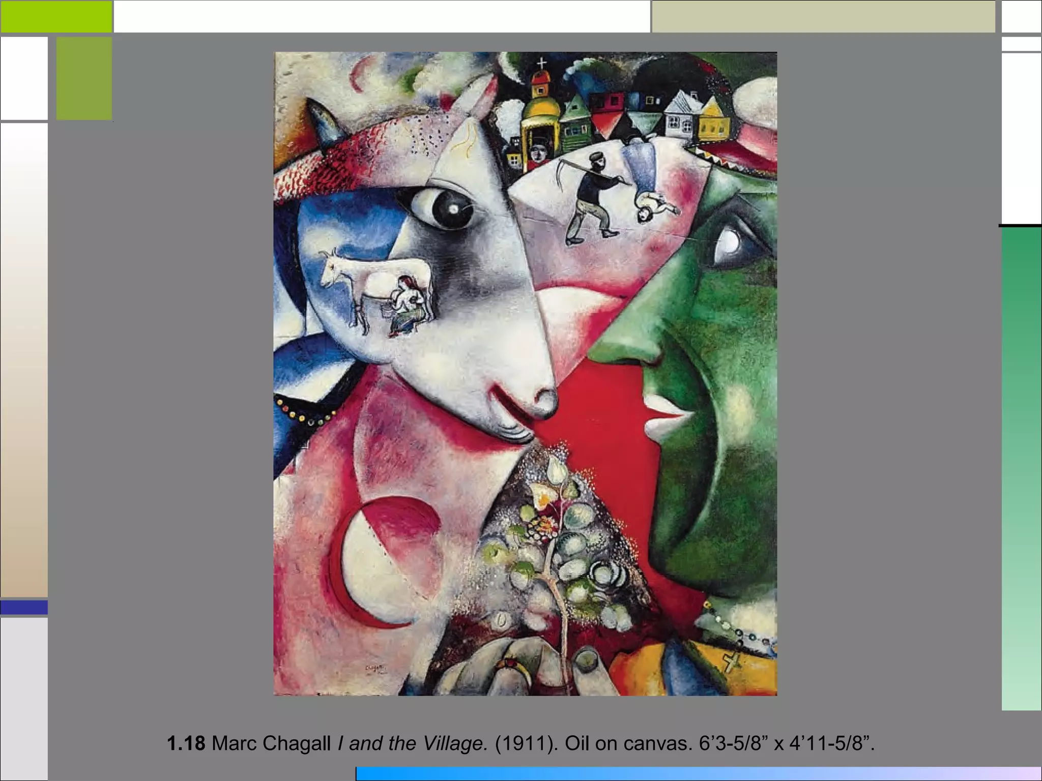 1.18 Marc Chagall I and the Village. (1911). Oil on canvas. 6’3-5/8” x 4’11-5/8”.
 