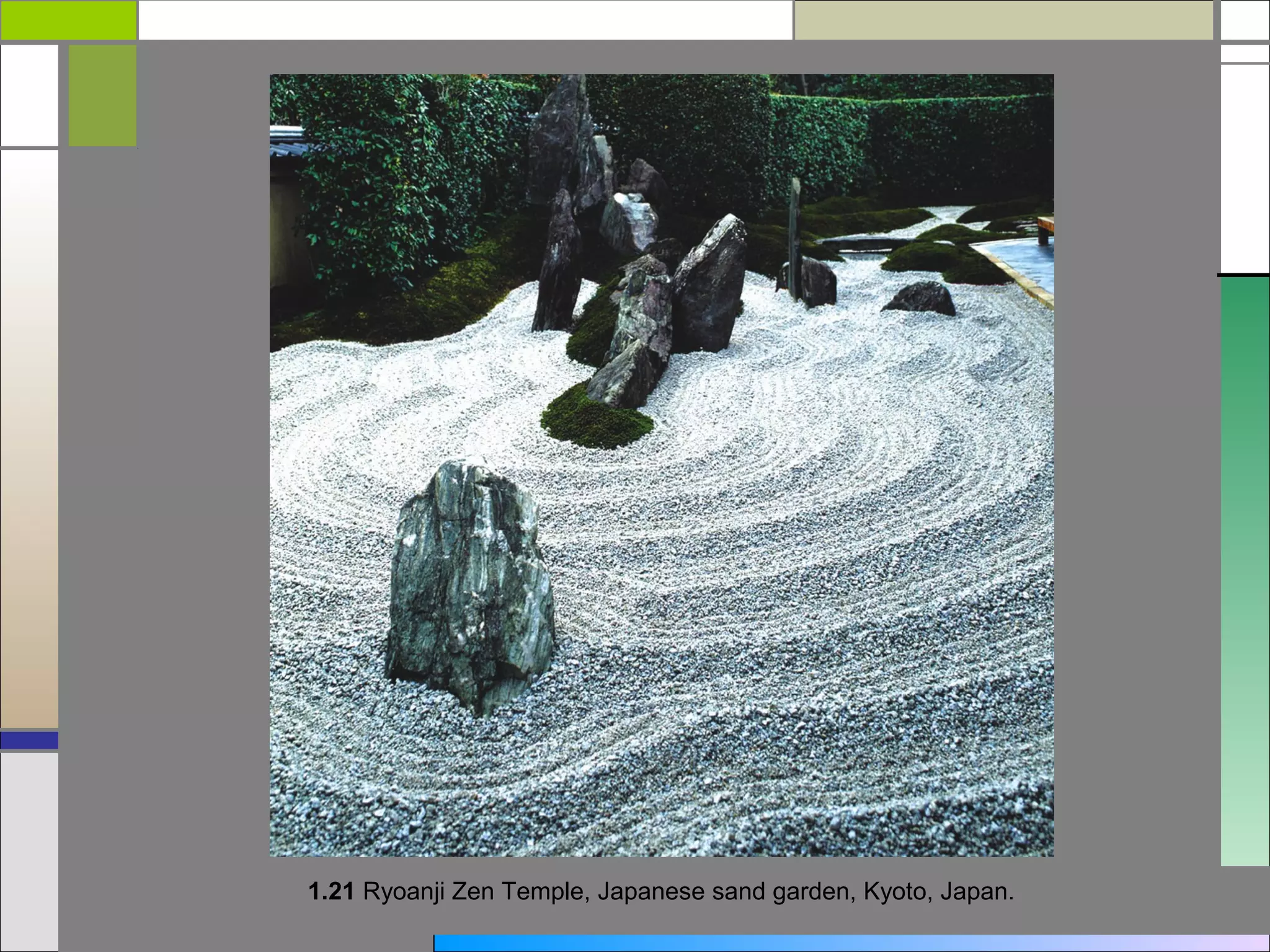 1.21 Ryoanji Zen Temple, Japanese sand garden, Kyoto, Japan.
 