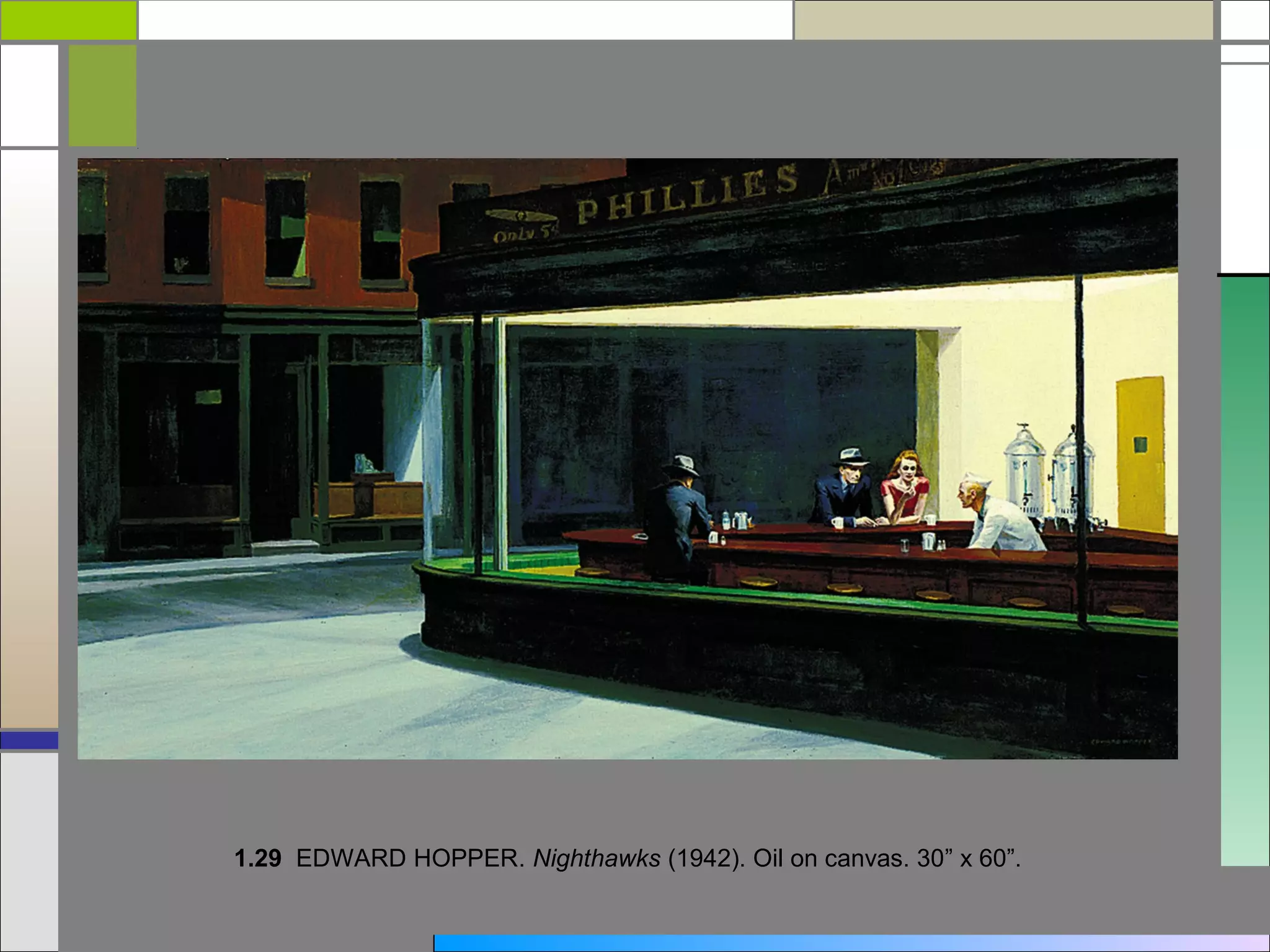 1.29 EDWARD HOPPER. Nighthawks (1942). Oil on canvas. 30” x 60”.
 