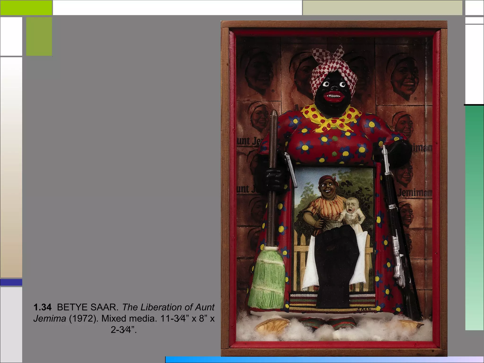 1.34 BETYE SAAR. The Liberation of Aunt
Jemima (1972). Mixed media. 11-3⁄4” x 8” x
                 2-3⁄4”.
 