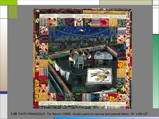1.28 FAITH RINGGOLD. Tar Beach (1988). Acrylic paint on canvas and pieced fabric. 74” x 68-1⁄2”.
 