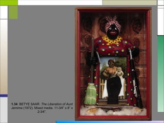 1.34 BETYE SAAR. The Liberation of Aunt
Jemima (1972). Mixed media. 11-3⁄4” x 8” x
                 2-3⁄4”.
 