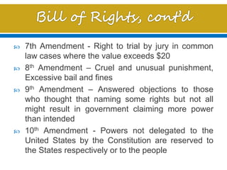  7th Amendment - Right to trial by jury in common
law cases where the value exceeds $20
 8th Amendment – Cruel and unusual punishment,
Excessive bail and fines
 9th Amendment – Answered objections to those
who thought that naming some rights but not all
might result in government claiming more power
than intended
 10th Amendment - Powers not delegated to the
United States by the Constitution are reserved to
the States respectively or to the people
 